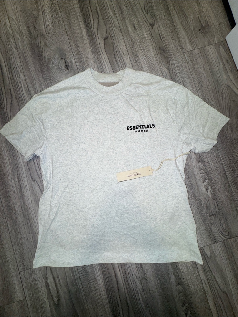 Essentials Men’s Heather Light Gray Crew Neck T-Shirt with Black Logo